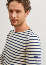 Load image into Gallery viewer, Model wearing Saint James - Minquiers Modern Men's Striped Sailor Shirt in Ecru/Marine.