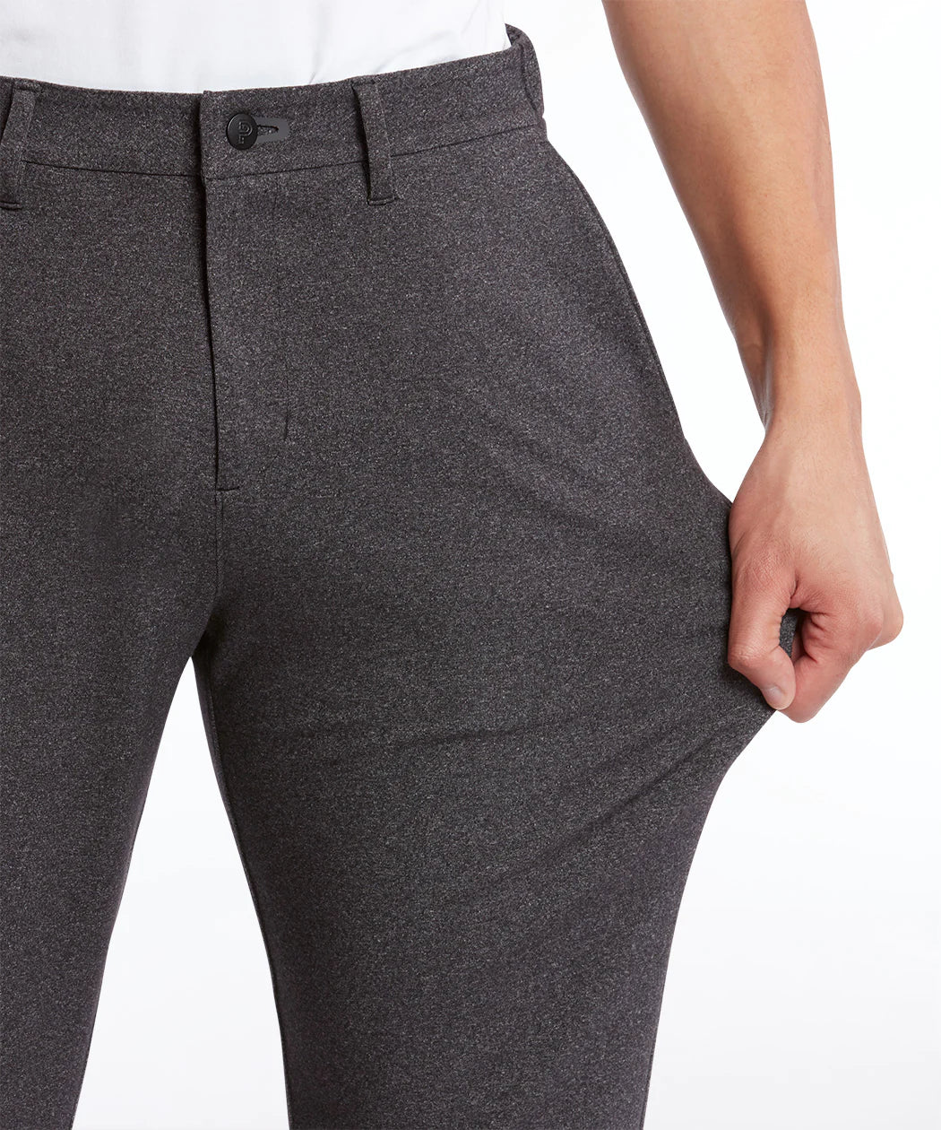 Model wearing Public Rec - All Day Every Day 5-Pocket Pant in Heather Charcoal.