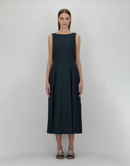 Model wearing Herno - Structured Satin Dress in Navy