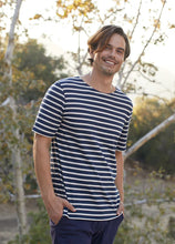 Load image into Gallery viewer, Model wearing Saint James - Levant Modern Striped SS Shirt in Marine/Ecru.