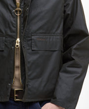 Load image into Gallery viewer, Model wearing Barbour Spey Wax Jacket in Olive.