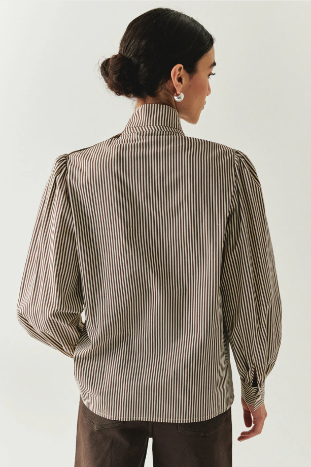 Exquise -Indigo Brown-Bone Striped Cotton Blouse with High Neck, Tie Detail, and Long Sleeves