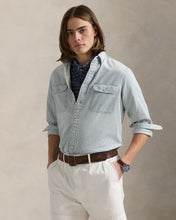 Load image into Gallery viewer, Model wearing POLO Ralph Lauren - Classic Fit Striped Twill Workshirt in White Indigo.