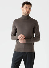 Load image into Gallery viewer, Model wearing Sunspel - Merino Roll Neck Jumper in Cedar.