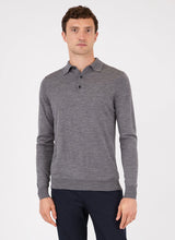 Load image into Gallery viewer, Model wearing Sunspel - Fine Merino Wool LS Polo Shirt in Grey.
