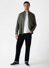 Load image into Gallery viewer, Model wearing Sunspel - Button Down Flannel Shirt in Green Melange.