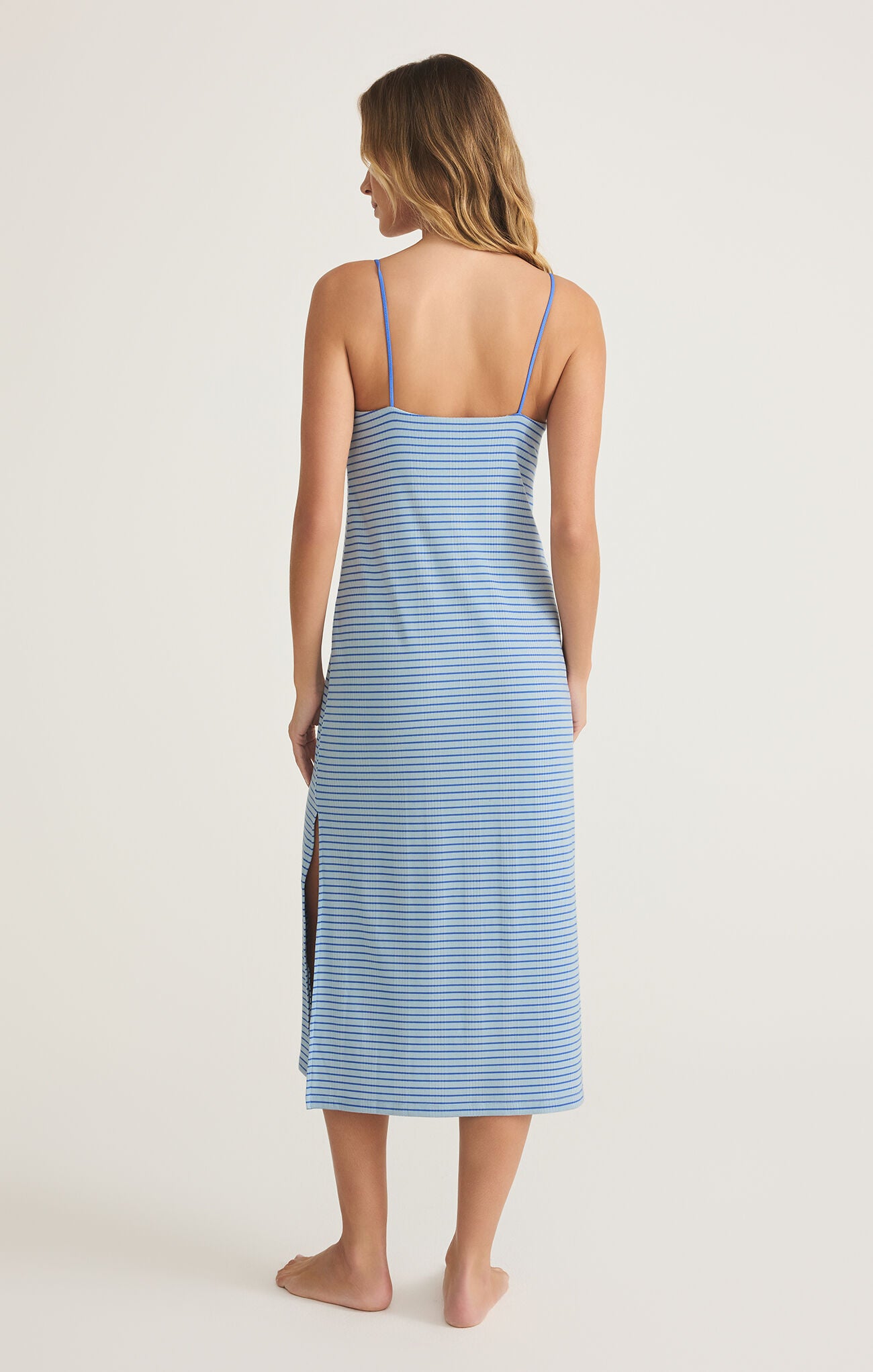Model wearing ZSupply Sunday Rib Dress in Salt Water - back.