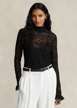 Load image into Gallery viewer, Model wearing Polo Ralph Lauren - Ruffle-Trim Pointelle-Knit Top in Black.