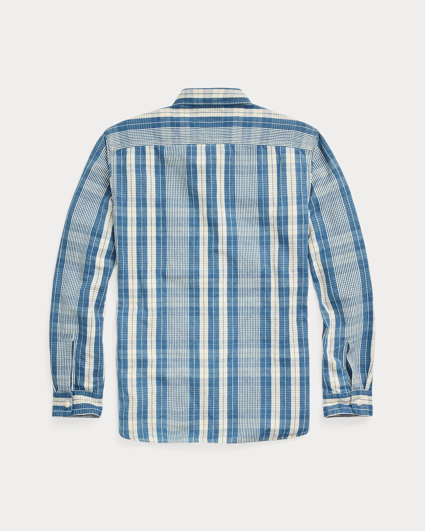 RRL - Indigo Plaid Cotton-Linen Workshirt in Indigo/Creme - back.