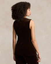 Load image into Gallery viewer, Model wearing Polo Ralph Lauren - Long Velvet Vest in Circuit Brown - back.