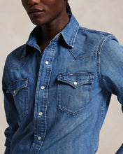 Load image into Gallery viewer, Model wearing Polo Ralph Lauren - Denim Western Shirt in Canaria Wash Denim.