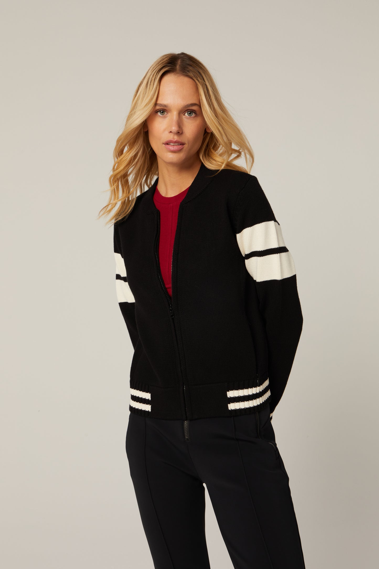 Model wearing Alp N Rock - Rory Full Zip Cardigan in Black.