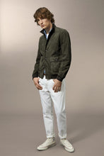 Load image into Gallery viewer, Model wearing Valstar Suede Bomber Jacket in Muschio.