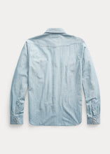 Load image into Gallery viewer, Back of RRL slim fit chambray western shirt in Davey Wash.
