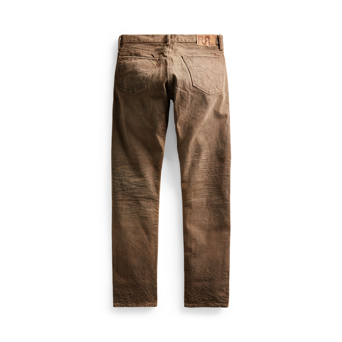RRL - Slim Fit Jean w/ Zip Fly in Distressed Brown Wash.