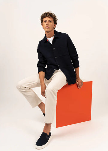 Model wearing Saint James - Cork ll in Navy.
