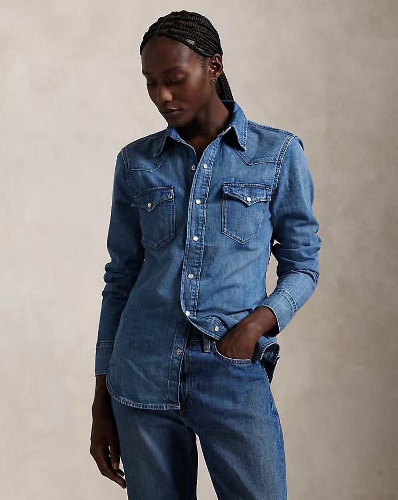 Model wearing Polo Ralph Lauren - Denim Western Shirt in Canaria Wash Denim.
