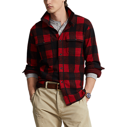 Model wearing POLO Ralph Lauren - L/S Knit Flannel Sportshirt - Plaid in Red/Polo Black.