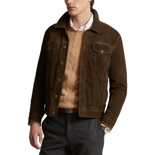 Model wearing POLO Ralph Lauren - Original Label RL Icon Goat Suede Trucker Jacket in Tobacco.
