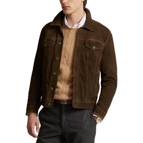 Model wearing POLO Ralph Lauren - Original Label RL Icon Goat Suede Trucker Jacket in Tobacco.