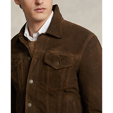 Load image into Gallery viewer, Model wearing POLO Ralph Lauren - Original Label RL Icon Goat Suede Trucker Jacket in Tobacco.
