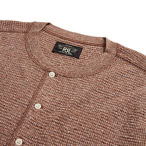 RRL - L/S Waffle Knit Henley in Brown Heather.