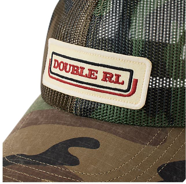 RRL- Cotton Camo Printed "Double RL" Logo Trucker Hat w/ Mesh Back Panels - close up on logo