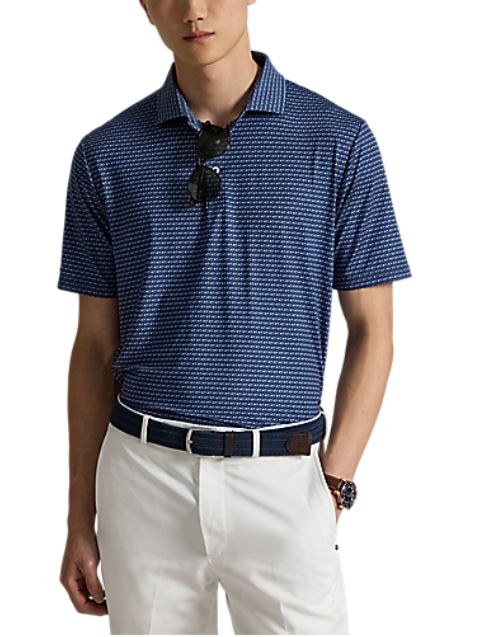 model wearing RLX- SS Lightweight Airflow Printed Polo - Navy Golf Buggy