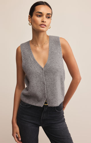 Model wearing ZSupply Bryce Sweater Vest in Medium Heather Grey.