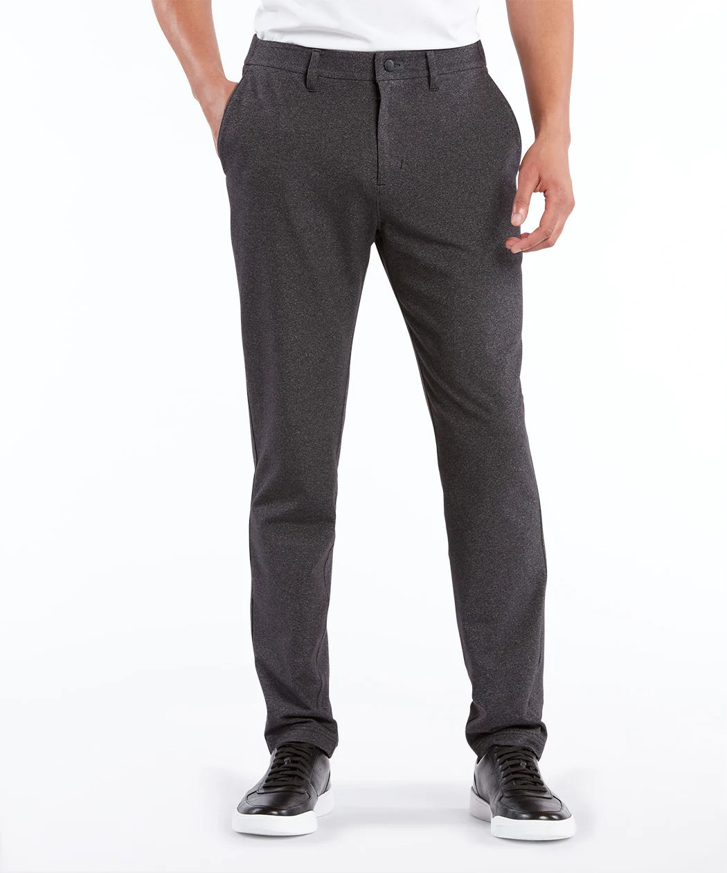 Model wearing Public Rec - All Day Every Day 5-Pocket Pant in Heather Charcoal.