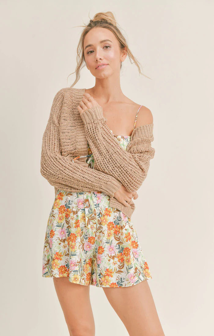 Model wearing Sadie & Sage - Kona Coffee Cardigan in Tan.