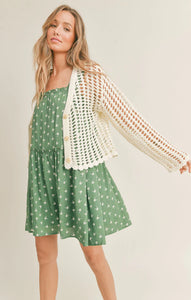Model wearing Sadie & Sage - Alexia Open Knit Cardigan in Ivory.