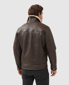 Model wearing Rodd & Gunn - Arrowtown Shearling Leather Jacket in Mocha - back.