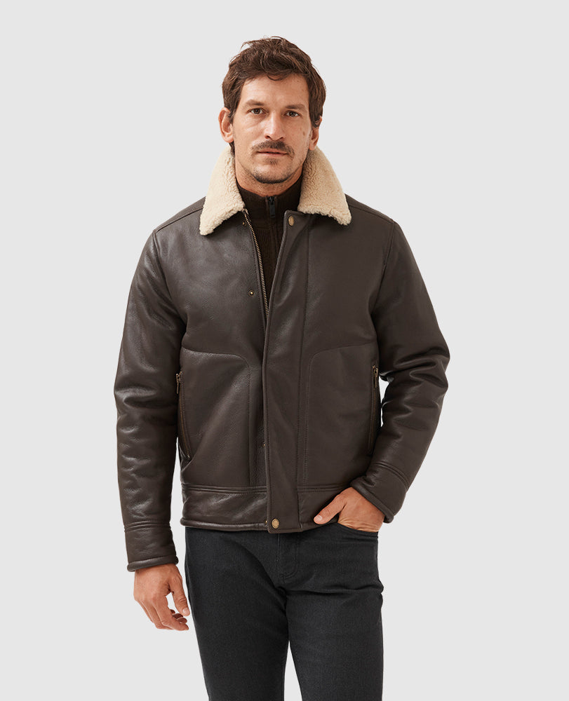Model wearing Rodd & Gunn - Arrowtown Shearling Leather Jacket in Mocha.