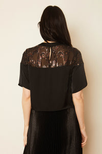 Model wearing Caballero - Gabriella Sparkle Scallop Top in Black - back.