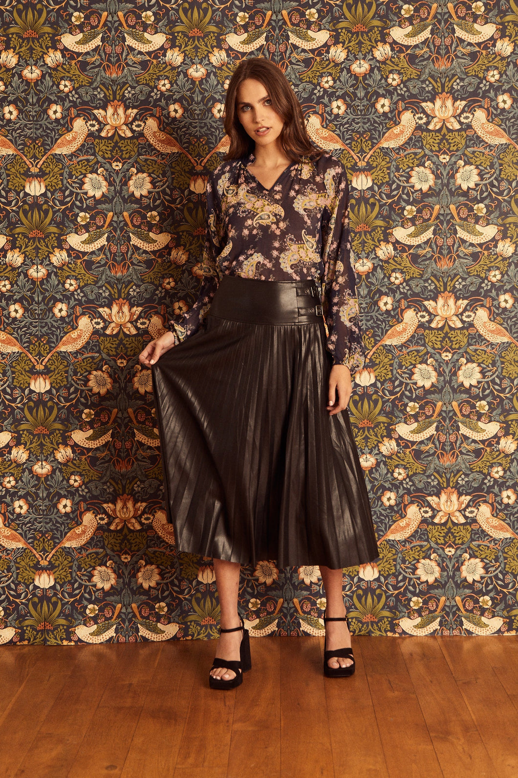 Model wearing Caballero - Hendrix Black Vegan Leather Skirt