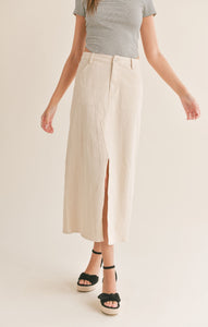 Model wearing Sadie & Sage - Clear Eyes Denim Skirt with Front Slit in Cream