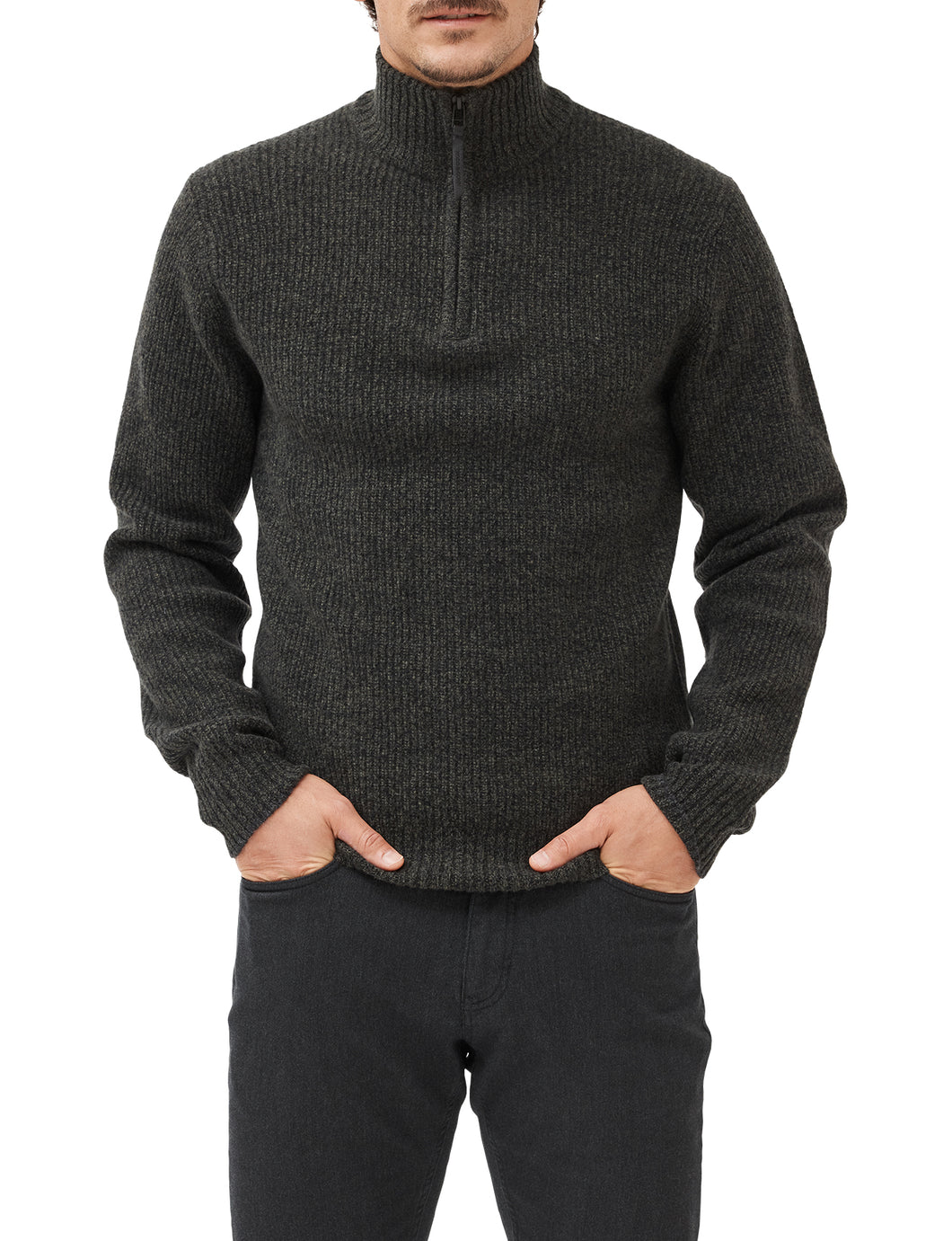 Model wearing Rodd & Gunn - Robbies Road Sweater in Jungle.