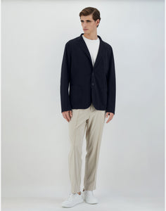 Model wearing Herno - Blazer in Non-Washed Light Scuba in Blue Navy.