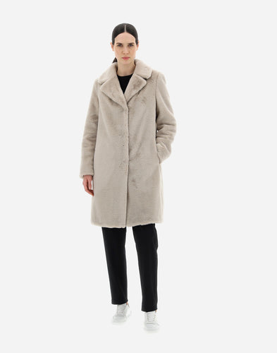 Model wearing Herno - Faux Fur Long Coat in Chantilly.