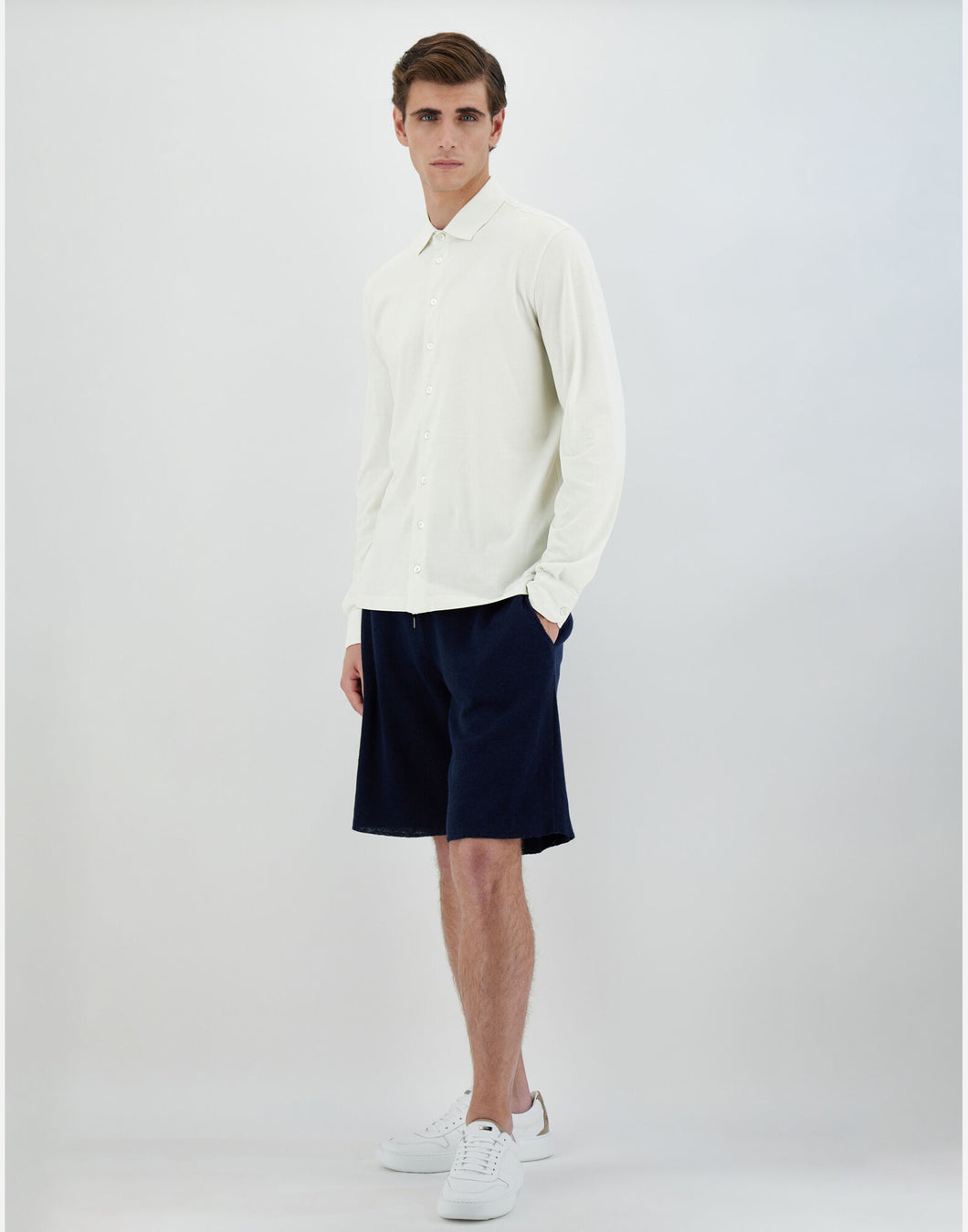 Model wearing Herno - Men's Crepe Jersey Shirt in white.