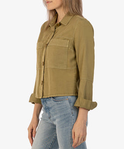 Model wearing Kut from the Kloth - Zinna Tencel Jacket in Limeade.