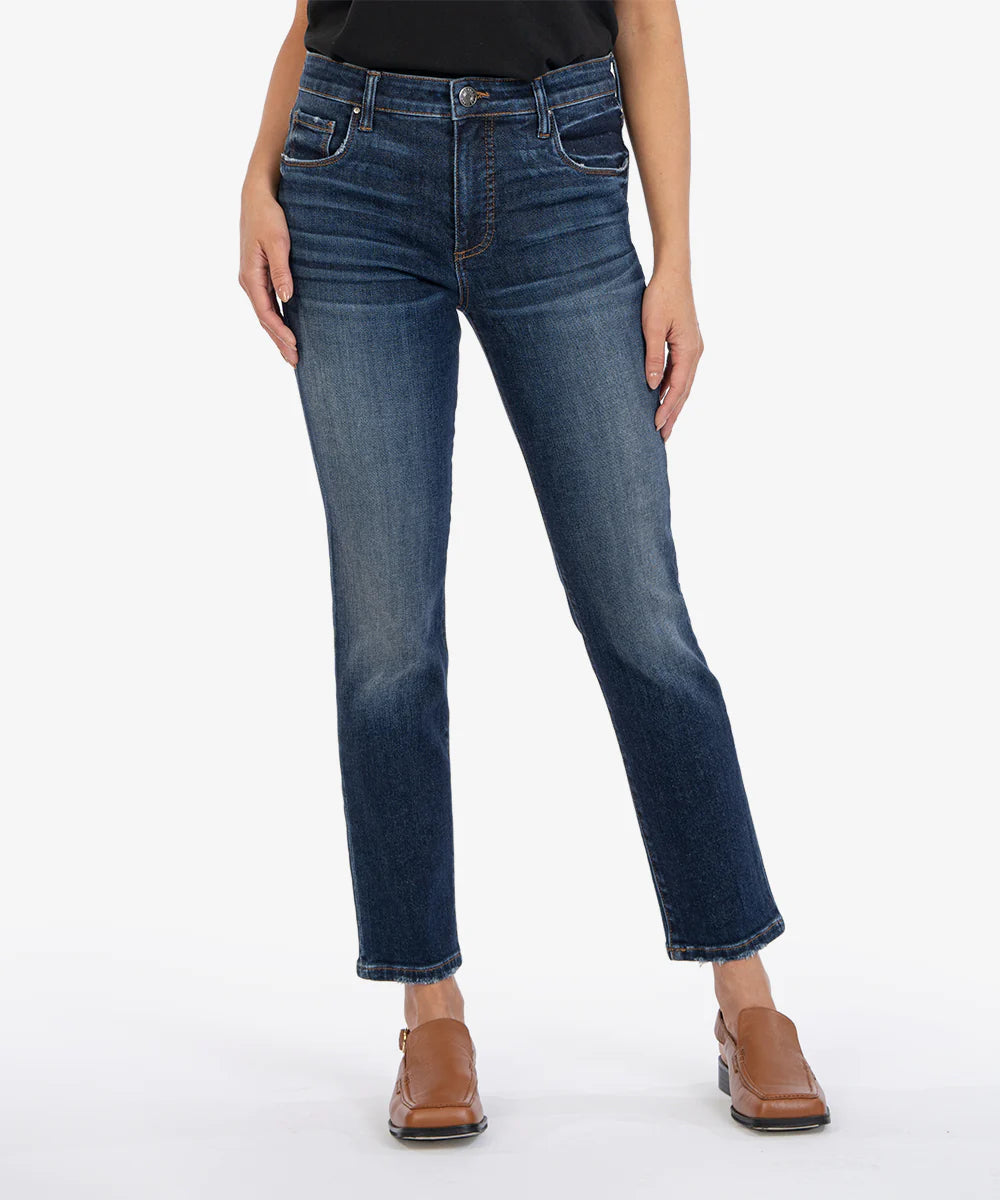 Model wearing  KUT From The Kloth Reese High Rise FAB AB Ankle Straight Reg Hem Jean KP1610MB3 in Enchantment.