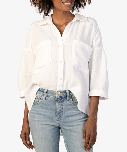 Model wearing Kut from the Kloth - Zuma Linen Blend Shirt in White.