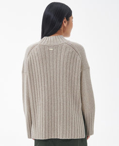 Model wearing Barbour Winona Knit in Light Fawn - back.