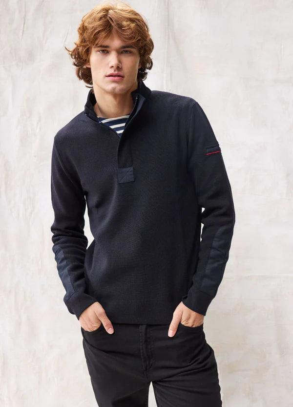 Model wearing Saint James - Loup de Mer II in Navy.