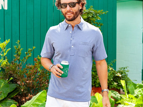 Model wearing Criquet - Top-Shelf Players Polo Mircrostripe in Blue.