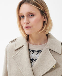 Model wearing Barbour Inverraray Wool Coat in Light Fawn.