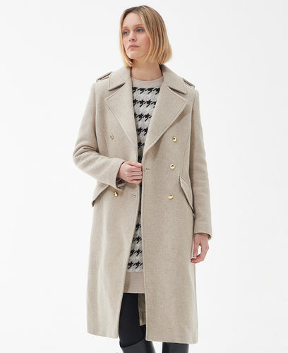 Model wearing Barbour Inverraray Wool Coat in Light Fawn.