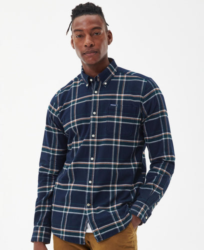Model wearing Barbour Ronan Tailored Check Shirt in Inky Blue.